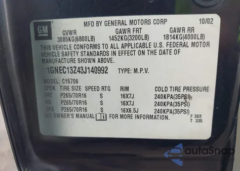 2003 Chevrolet Tahoe Lt из США, поврежденный, VIN 1GNEC13Z43J140992